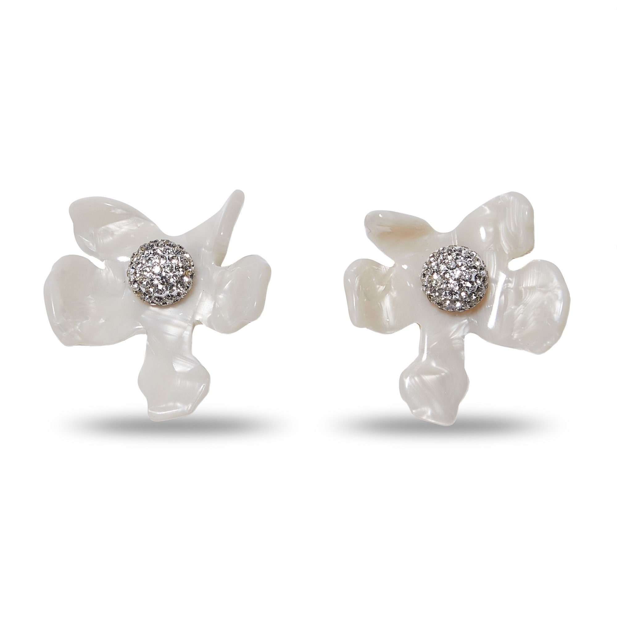 MOTHER OF PEARL CRYSTAL LILY BUTTON EARRINGS