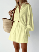 Fashion Jacquard Loose Shorts with Long Sleeved Shirt Two Piece Sets - likeinstore