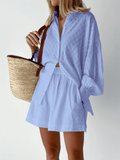 Fashion Jacquard Loose Shorts with Long Sleeved Shirt Two Piece Sets - likeinstore