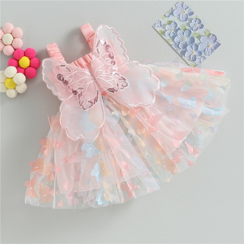3D Kids Dress - Butterfly Sleeveless Layered Gathered Casual Summer Princess Dress - likeinstore