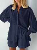 Fashion Jacquard Loose Shorts with Long Sleeved Shirt Two Piece Sets - likeinstore
