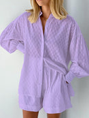 Fashion Jacquard Loose Shorts with Long Sleeved Shirt Two Piece Sets - likeinstore