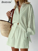 Fashion Jacquard Loose Shorts with Long Sleeved Shirt Two Piece Sets - likeinstore