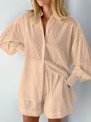 Fashion Jacquard Loose Shorts with Long Sleeved Shirt Two Piece Sets - likeinstore