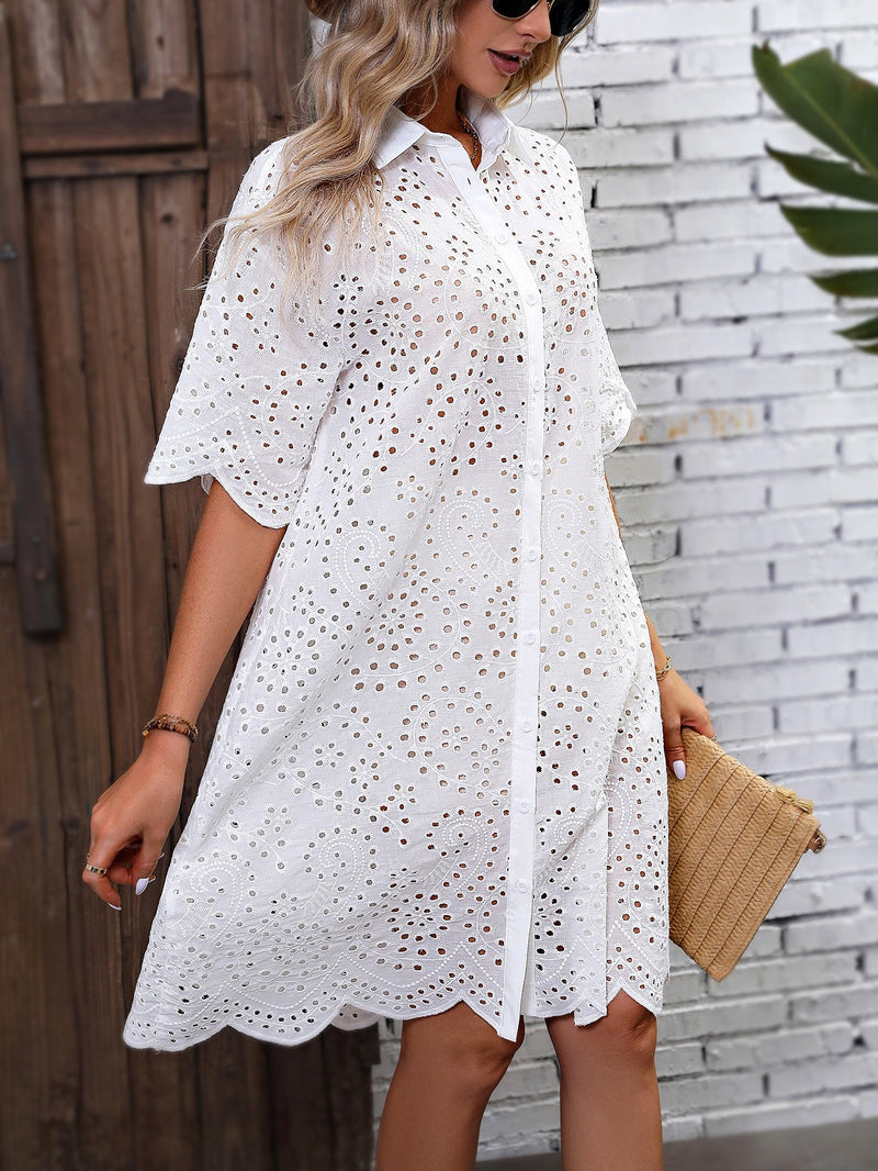Finjani Eyelet Embroidery Drop Shoulder Dress Women's Button Front Dresses - likeinstore