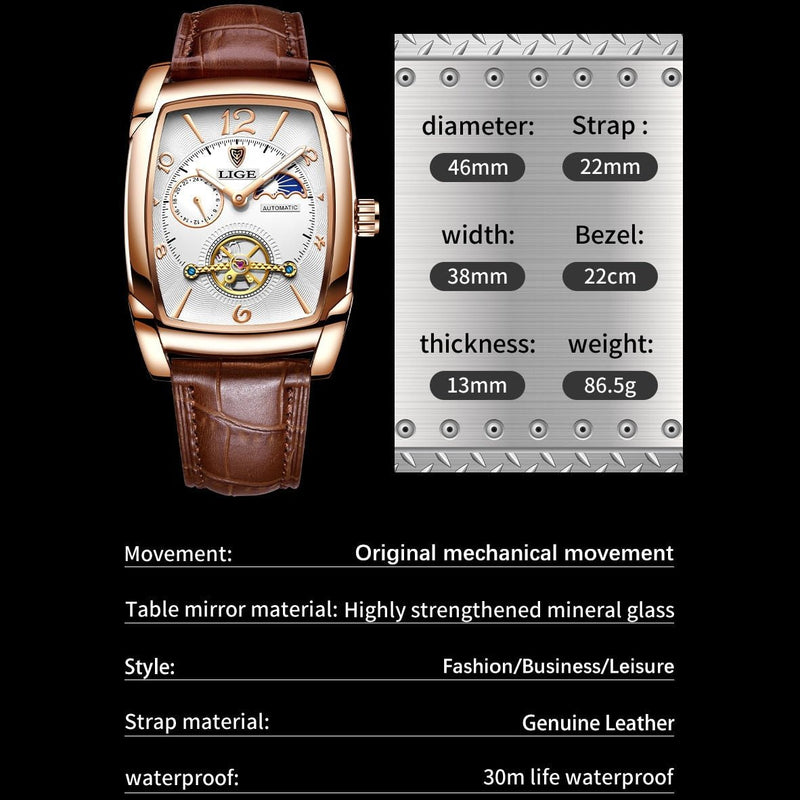 Luxury Square Tourbillon Watches Waterproof Automatic Watch - likeinstore