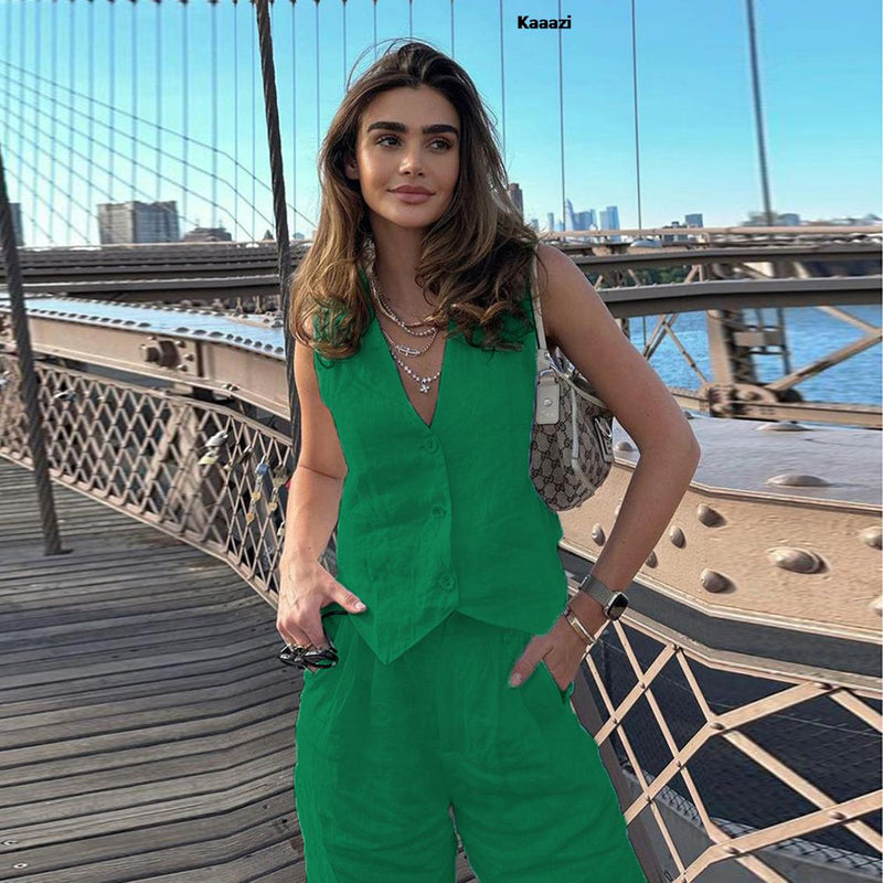 Set For Women Fashion Sleeveless Tank Top Waistcoat Matching High Waist Wide Pants - likeinstore