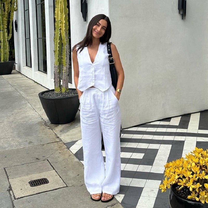 Set For Women Fashion Sleeveless Tank Top Waistcoat Matching High Waist Wide Pants - likeinstore