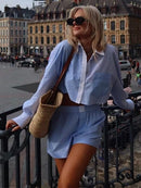 Sets Fashion Patchwork Stripe Short Shirts + Shorts Suit Female Elastic Waist - likeinstore