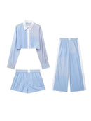 Sets Fashion Patchwork Stripe Short Shirts + Shorts Suit Female Elastic Waist - likeinstore