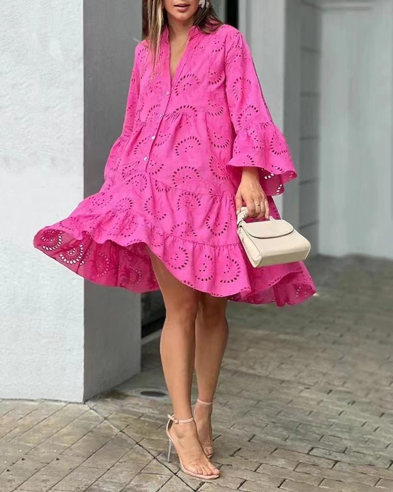 Summer Elegant Vintage Solid Lace Dress V - neck Women - likeinstore